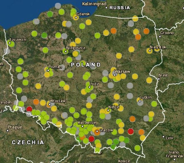 Monitoring jakości powietrza w Polsce. Dane z okresu 08:00-09:00 /powietrze.gios.gov.pl /