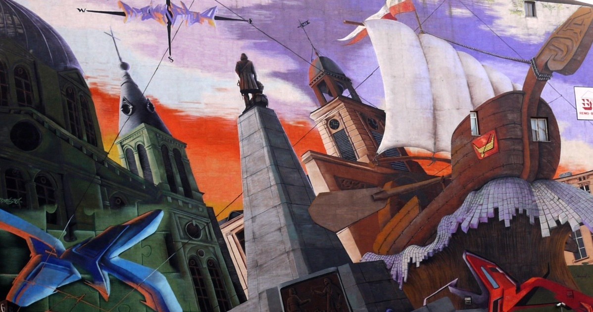 Mural przy ulicy Piotrkowskiej - alegoria Łodzi /Dawid Lasociński /Agencja FORUM