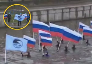 Na brzegu litera Z, a w lodowatej wodzie znak V. Putin ma powody do dumy