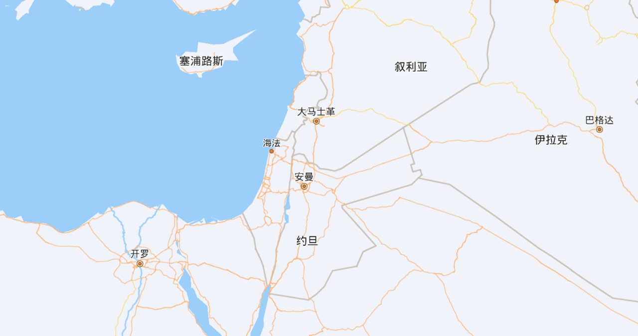 Na chińskich mapach brakuje nazwy "Izrael". Ale nie ma również "Palestyna". /https://map.baidu.com/ /materiał zewnętrzny