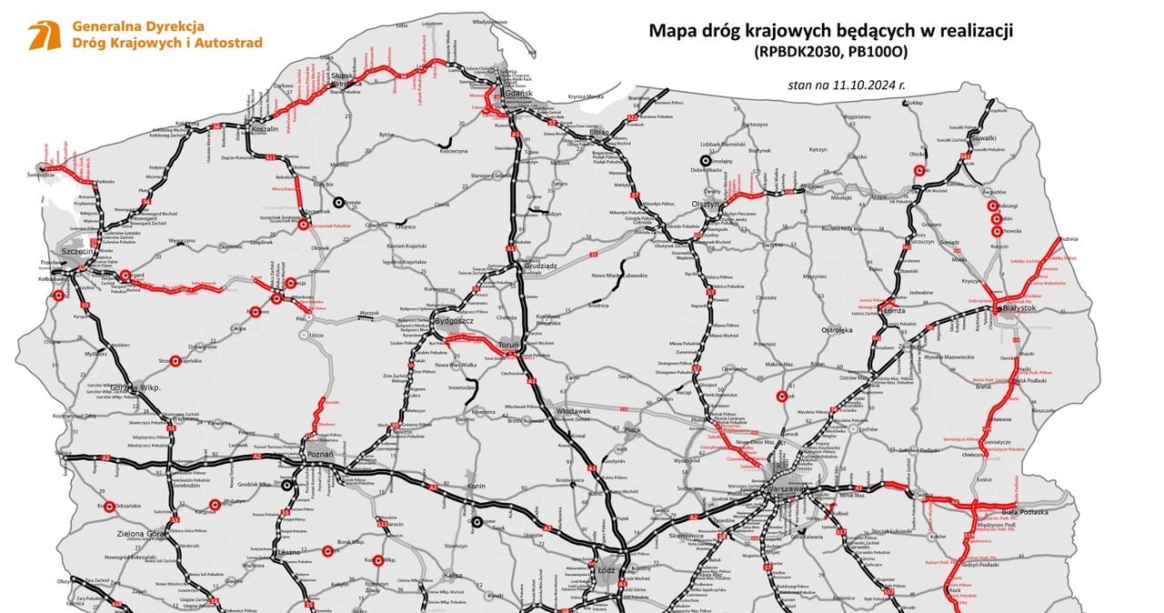 Na czerwono zaznaczono odcinki dróg będące obecnie w realizacji /GDDKiA