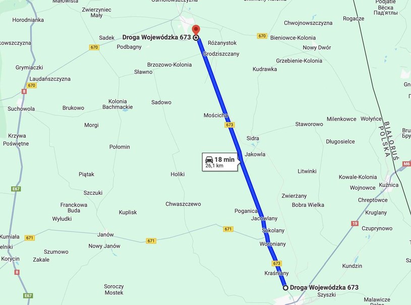Na drodze między Sokółką a Dąbrową Białostocką są tylko łagodne łuki /fot. Google Maps /