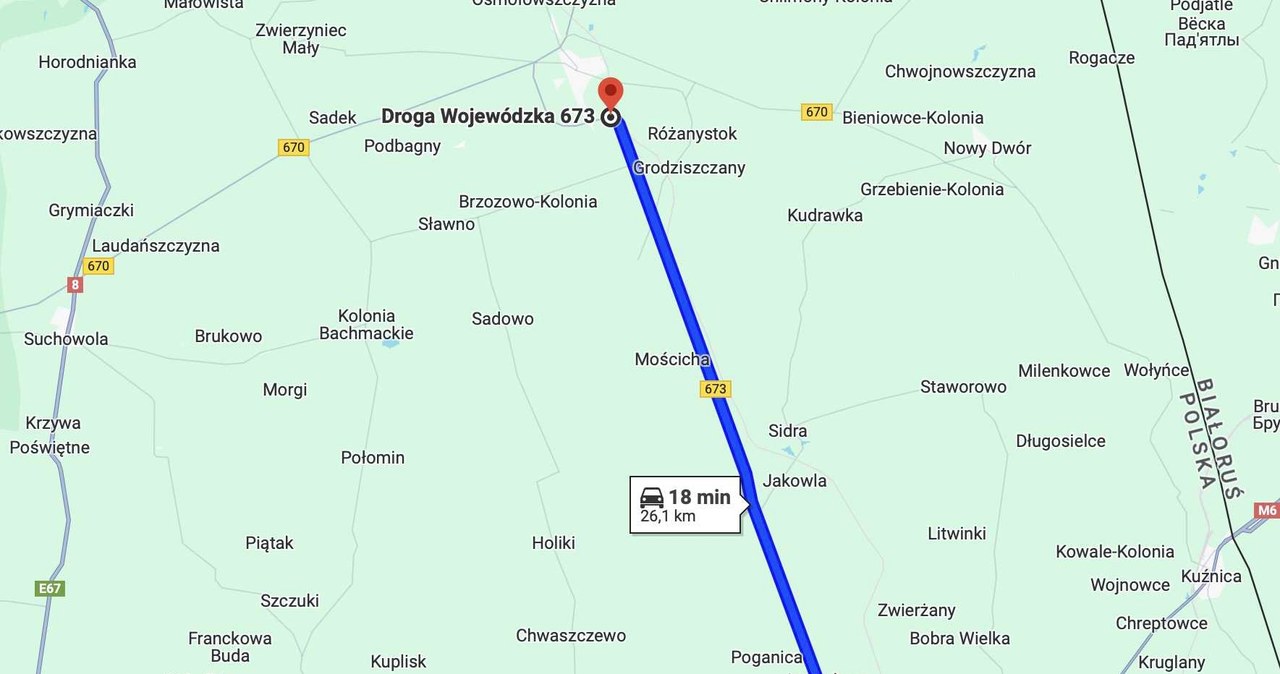 Na drodze między Sokółką a Dąbrową Białostocką są tylko łagodne łuki /fot. Google Maps /