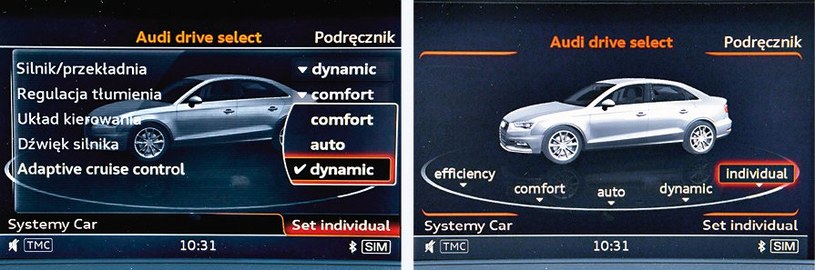 Na ekranie po lewej – lista elementów, na które kierowca wpływa w trybie Individual. Po prawej – ekran wyboru trybów jazdy. /Motor