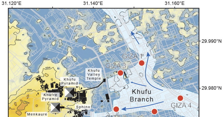 Na mapie czerwone kropki pokazują miejsca, skąd pobrano próbki ziemi z głębokich otworów. To one potwierdziły, że do piramid dochodziły wodne kanały/foto: PNAS /domena publiczna