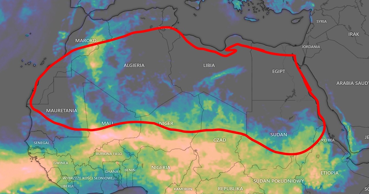 Na mapie oznaczona została intensywność oraz rozmieszczenie opadów deszczu na początku września. Czerwoną krzywą oznaczony został obszar Sahary. Fot. Windy.com /materiał zewnętrzny