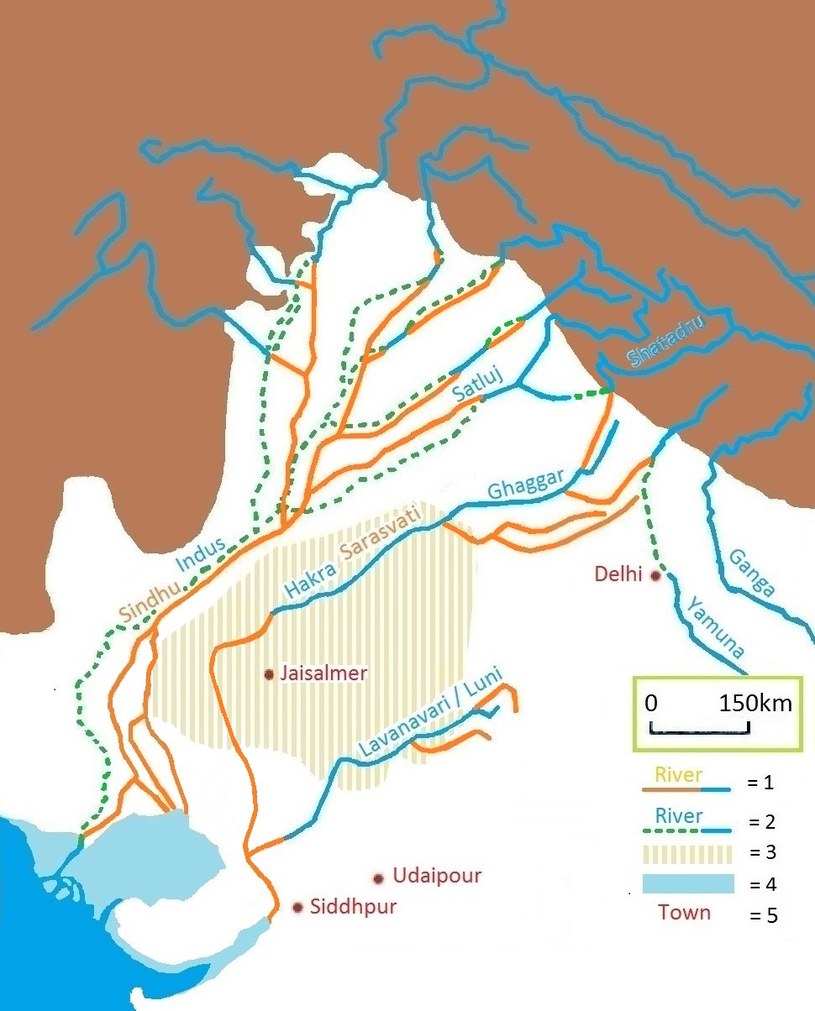 Na mapie zaznaczono miejsce, w którym powinna znajdować się rzeka Saraswati /domena publiczna
