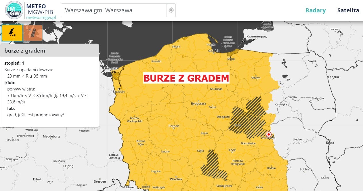 Na piątek IMGW wydał ostrzeżenia pierwszego stopnia dotyczące burz z gradem dla większości województw w kraju /IMGW /