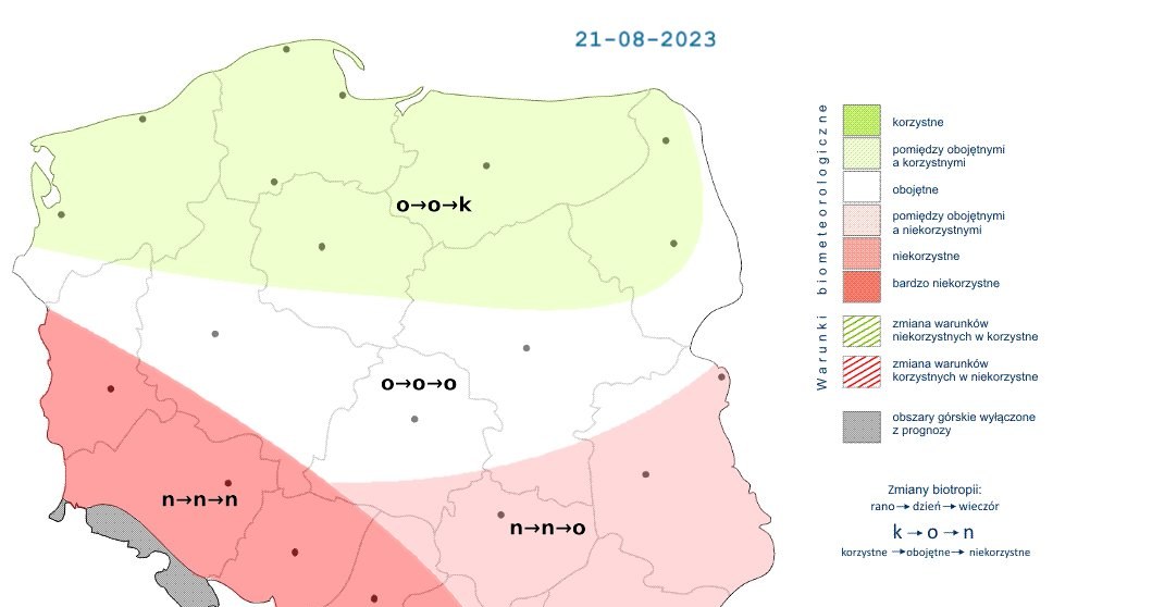 Na północy Polski warunki biometeorologiczne będą korzystne, podczas gdy na południu - wręcz przeciwnie /IMGW /