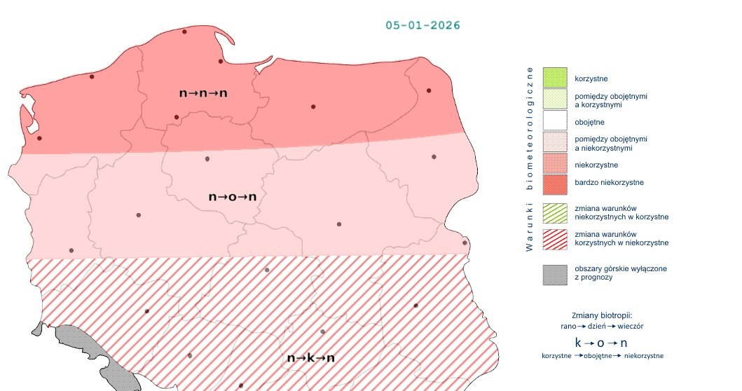 Na północy przez cały dzień z powodu zachmurzenia i opadów śniegu warunki będą niekorzystne /IMGW /