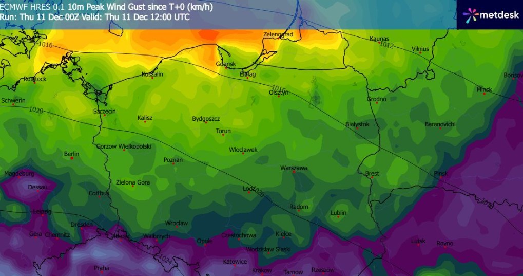 Na pomorzu w czwartek powieje najmocniej. Alert IMGW pierwszego stopnia w trzech powiatach /WXCharts /