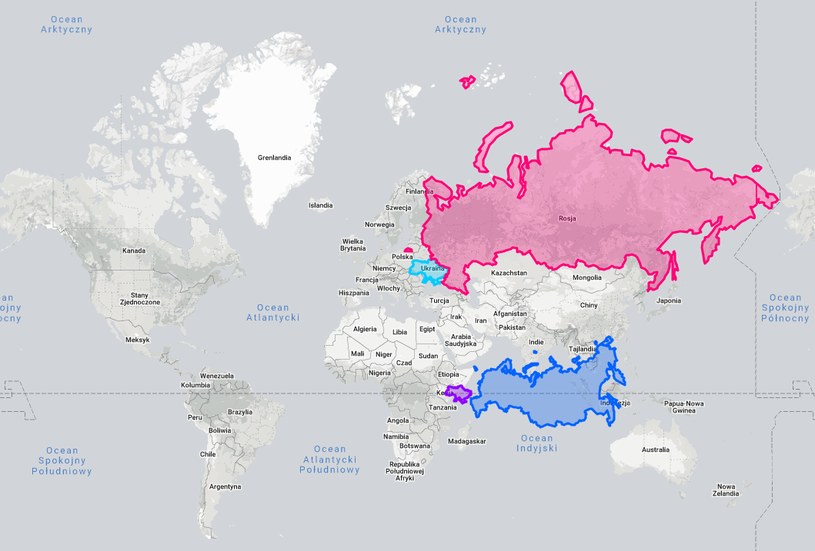 Na siatce Merkatora Rosja wygląda na większą nawet od kontynentów. Rzeczywistość jest jednak inna /Google Maps /Zrzut ekranu /domena publiczna