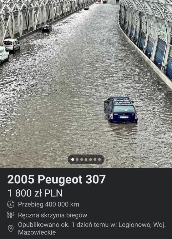 Na sprzedaż wystawiony został Peugeot 307, który został zalany na trasie S8 w czasie ulew, które nawiedziły Warszawę pod koniec sierpnia. /Facebook/ zrzut ekranu /