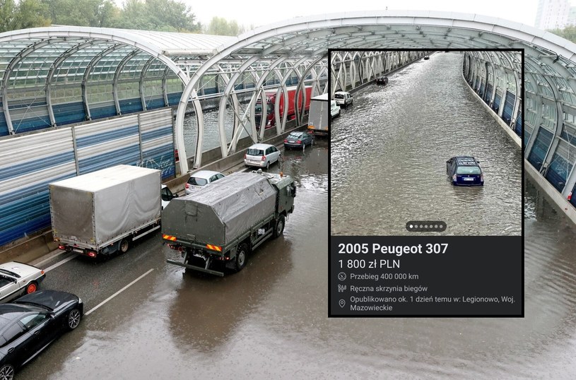Na sprzedaż został wystawiony Peugeot, który został zalany w czasie powodzi na trasie S8 w Warszawie. /Pawel Wodzynski/East News/ Facebook/ zrzut ekranu /