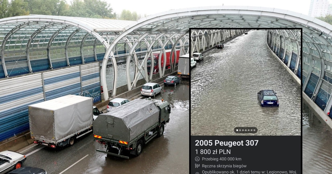 Na sprzedaż został wystawiony Peugeot, który został zalany w czasie powodzi na trasie S8 w Warszawie. /Pawel Wodzynski/East News/ Facebook/ zrzut ekranu /