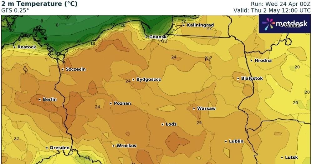 Na zachodzie i w centrum 2 maja termometry mogą pokazać nawet około 25 stopni Celsjusza /wxcharts /