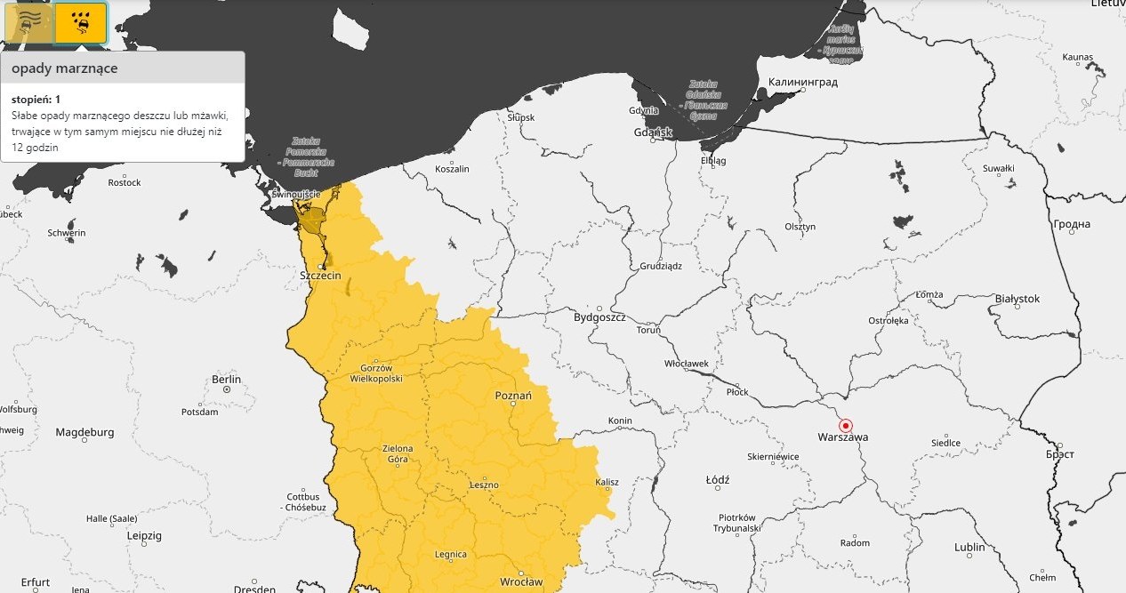 Na zachodzie w nocy i w środę rano pojawią się marznące opady /IMGW /