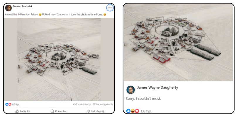 Na zdjęcia przysiółka Czerwona z drona zareagowały tysiące internautów. Ujęcia trafiły też na grupę "Star Wars Ships". /Tomasz Matusiak/James Wayne Daughety/Star Wars Ships /facebook.com