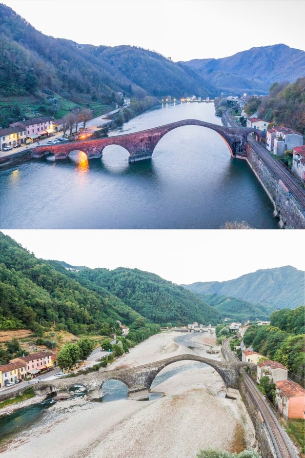 Na zdjęciach rzeka Serchio w mieście Lucca: u góry listopad 2021, na dole czerwiec 2022 roku /FABIO MUZZI /PAP/EPA