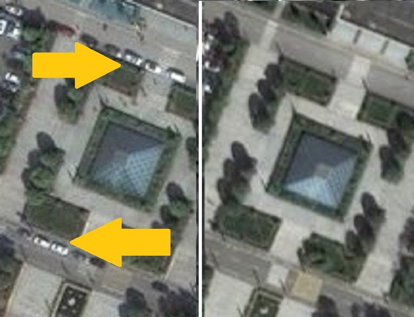 Na zdjęciach satelitarnych domu pogrzebowego w  Kunming widać kolejkę samochodów czekających na odebranie zwłok  (zdjęcie wykonane w styczniu 2023 po lewej)/ zdjęcia: Maxar Technologies /domena publiczna