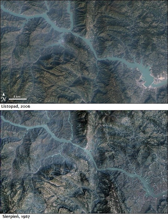 Na zdjęciach satelitarnych widać, jak ogromne spiętrzenie wód rzeki nastąpiło po budowie tamy /Landsat7 /domena publiczna