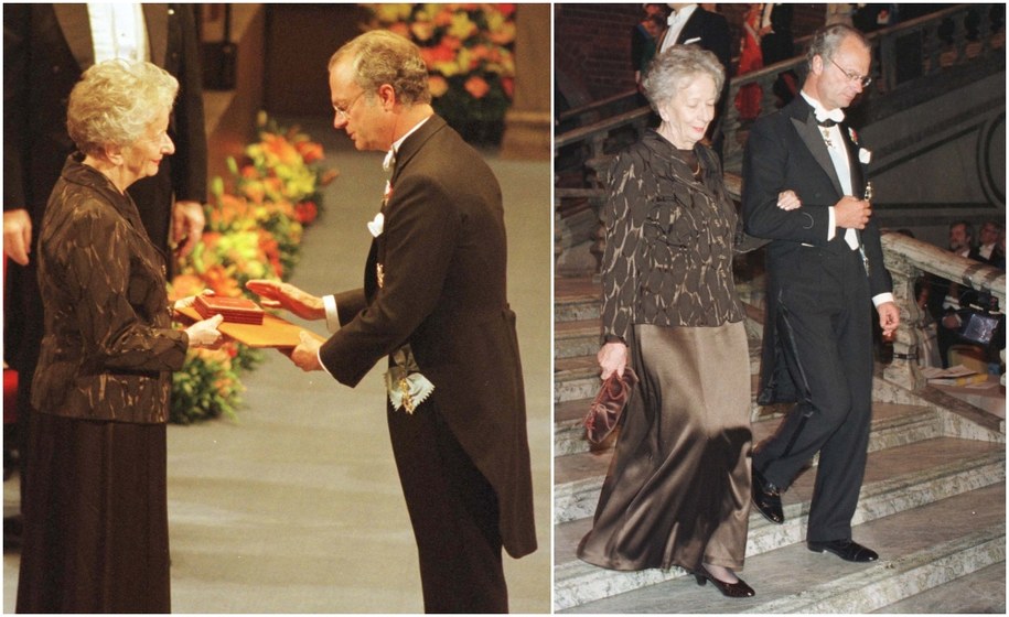 Na zdjęciach Wisława Szymborska odbiera z rąk króla Karola XVI Gustawa literacką nagrodę Nobla, na kolejny widać ich w drodze na bankiet noblowski /	Jacek Bednarczyk   /PAP