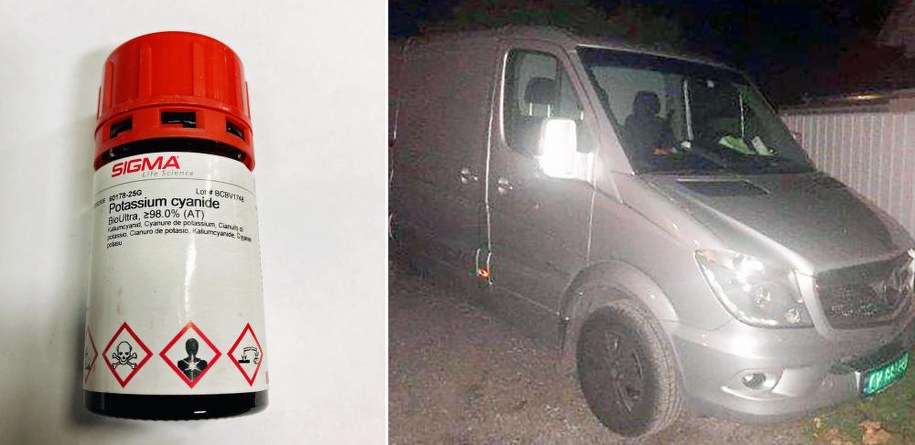 Na zdjęciu jedna ze skradzionych puszek z cyjankiem potasu oraz skradziony pojazd /foto. Politiet /