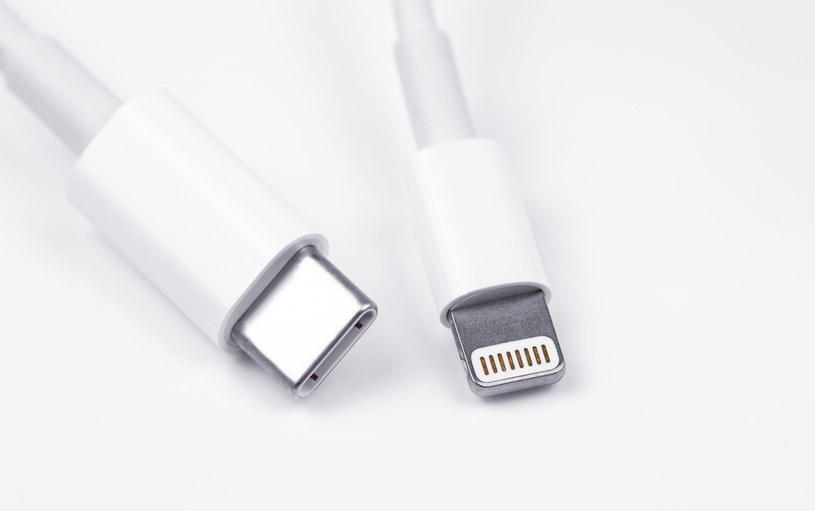 Na zdjęciu obie końcówki kabla dołączanego do iPhone. Po lewej USB-C do adaptera, po prawej autorskie rozwiązanie - Lightning. /123RF/PICSEL