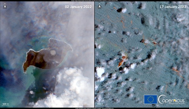 Na zdjęciu satelitarnym po lewej stronie z 2 stycznia wyraźnie widać wulkaniczną wyspę przed erupcją. Fotografia po prawej stronie z kolei została zrobiona po wybuchu, 17 stycznia. Dostrzec można na niej już tylko niewielkie fragmenty wyspy. /EUROPEAN UNION, COPERNICUS SENTINEL IMAGERY HANDOUT /PAP/EPA