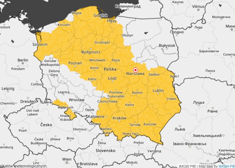 Na żółto oznaczone są regiony Polski, których mieszkańców IMGW ostrzega przed mrozem /IMGW /materiały prasowe