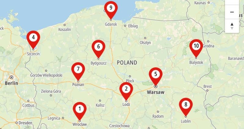 Najbardziej zakorkowane miastaw Polsce wegług TomTom Traffic Index 2022 /