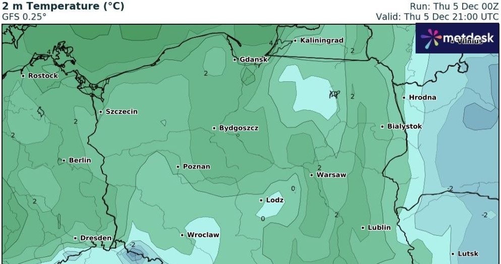 Najchłodniej w czwartek będzie na południu - tam temperatura w ciągu dnia nie przekroczy 0 stopni Celsjusza /wxcharts /