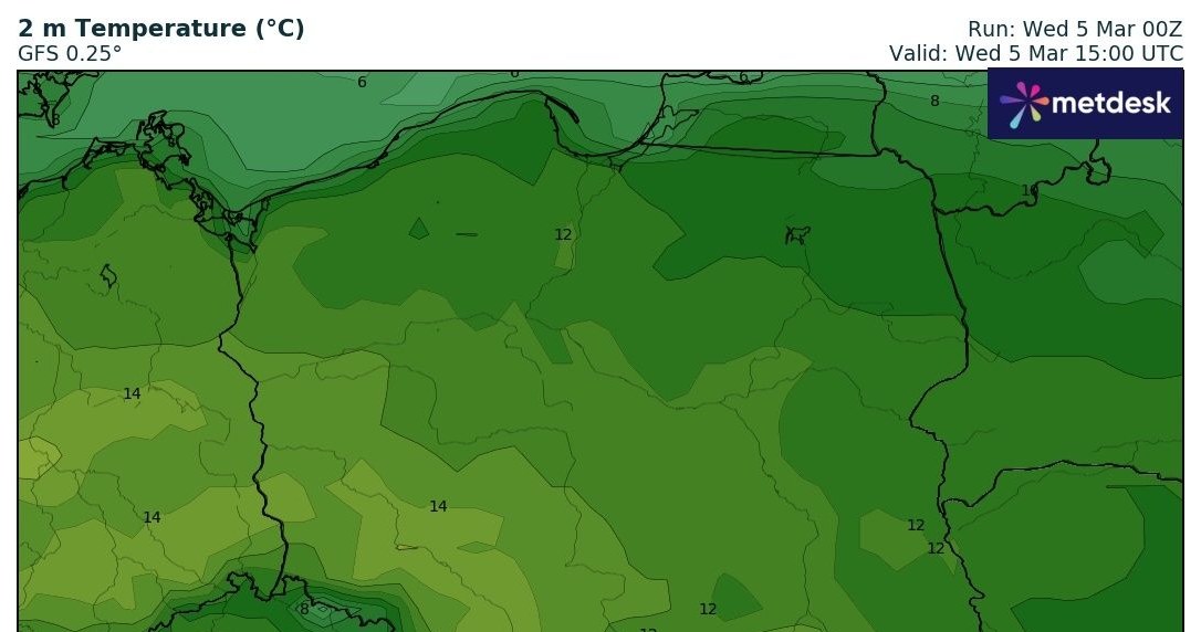 Najcieplej w ciągu dnia będzie na południowym zachodzie. Tam lokalnie temperatura może sięgać 16 st. C /wxcharts /