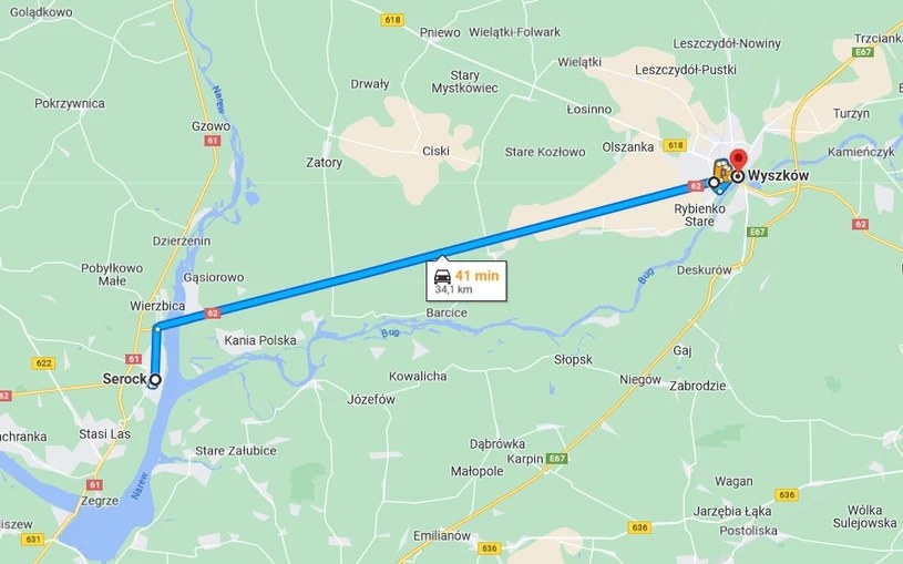 Najdłuższa prosta droga krajowa w Polsce - DK 62 - łączy Serock z Wyszkowem / fot. google /
