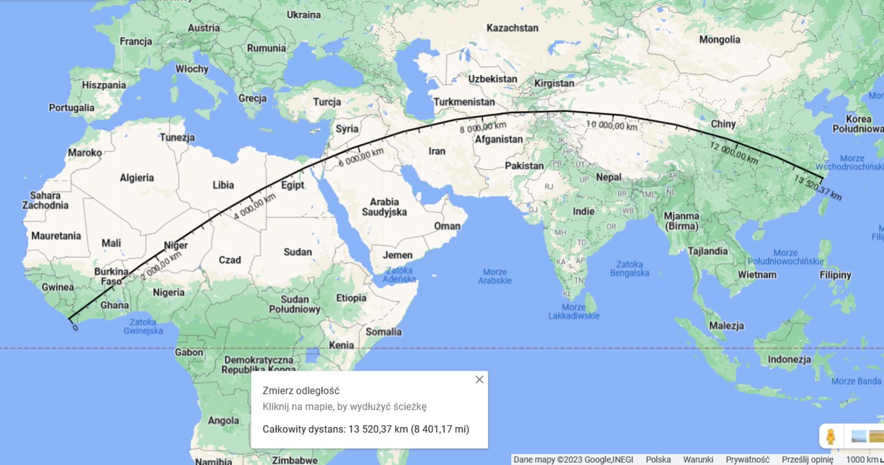 Najdłuższa trasa po linii prostej, od Liberii do Chin /Google Maps /domena publiczna