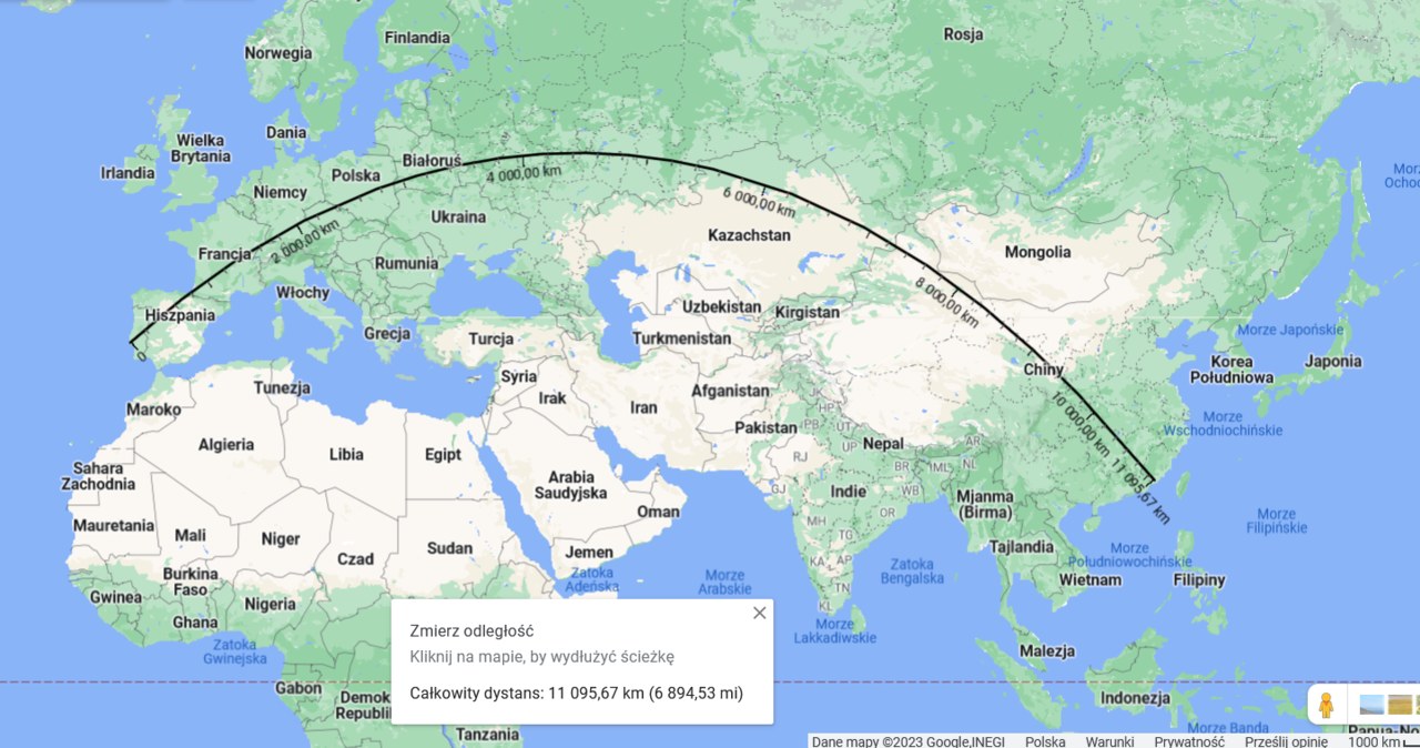 Najdłuższa trasa z Europy po linii prostej /Google Maps /domena publiczna