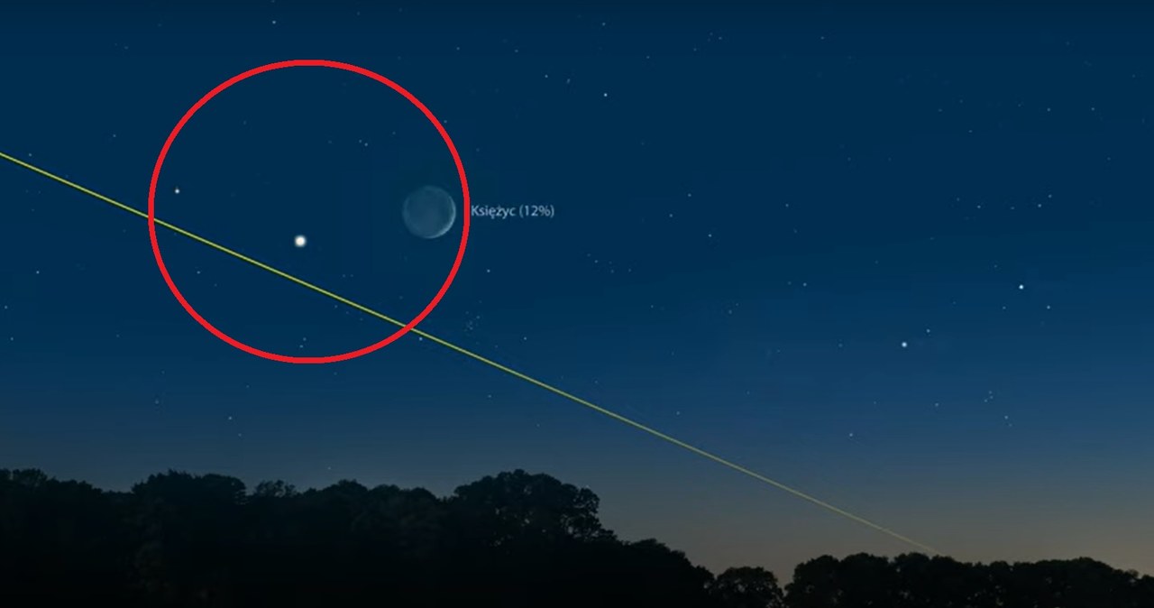 Najjaśniejszy punkt to Wenus, po prawej wąski Księżyc, po lewej nieco wyżej Mars /radio-teleskop.pl /YouTube