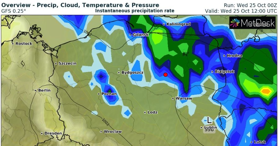 Najmocniej deszcz będzie padać na północnym wschodzie kraju. W związku z tym wydano alerty IMGW /wxcharts /