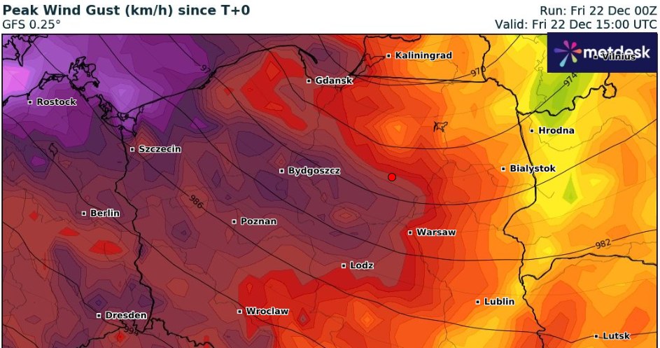 Najmocniejszy wiatr na nizinach pojawi się w północnej i zachodniej części Polski /wxcharts /