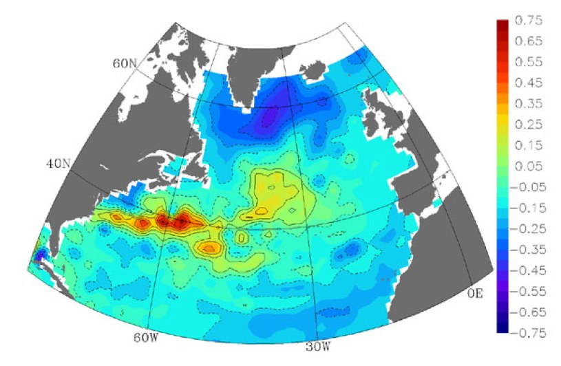 Najnowsze modele matematyczne i obliczenia użyte przez niderlandzkich specjalistów, pokazują, że anomalia Golfsztromu, polegająca na ograniczeniu jego przepływu z prawdopodobieństwem wynoszącym około 15 proc. nastąpi już w przyszłym stuleciu /NASA