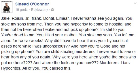 Najnowszy post Sinead O'Connor na Facebooku /Facebook /