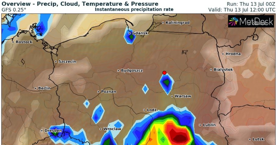 Najsilniejsze burze prognozowane są na południu kraju. W trakcie burz może padać grad a wiatr wiać z prędkością do 80 km/h /wxcharts