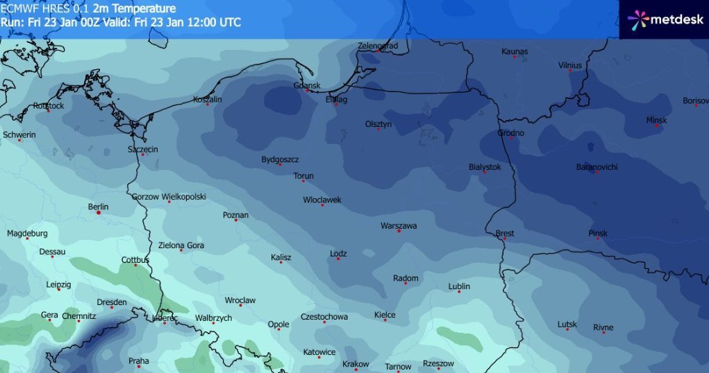 Najsilniejsze mrozy utrzymają się na północy i północnym wschodzie. Tam może być do około -8 stopni Celsjusza /WXCharts /
