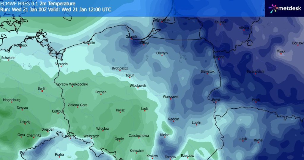 Najsilniejsze mrozy w ciągu dnia utrzymają się na północnym wschodzie, jednak w wielu miejscach będzie znacznie cieplej, a na południu nawet kilka stopni ciepła /WXCharts /