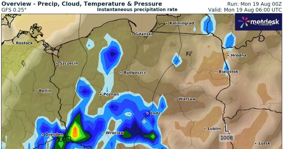 Najsilniejsze opady deszczu mają miejsce na południowym zachodzie. W wielu miejscach kraju trzeba się liczyć z burzami niosącymi bardzo silny wiatr /wxcharts /