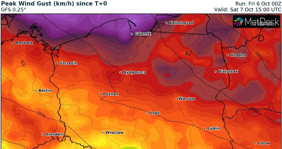 Najsilniejsze wichury spodziewane są na północy kraju. Tam lokalnie mogą też pojawić się burze /wxcharts /