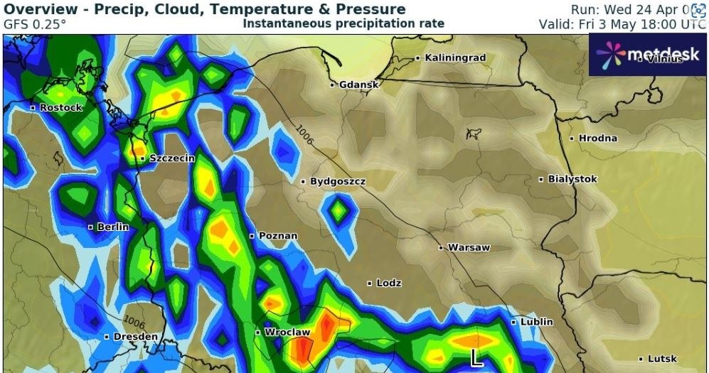 Najwięcej deszczu ma być 3 maja. Będzie to również nieco chłodniejszy dzień niż dwa poprzednie /wxcharts /