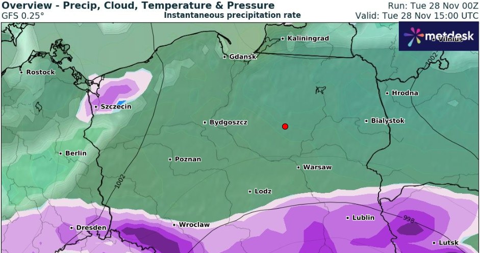 Najwięcej śniegu spadnie w południowej części kraju. W Sudetach przyrost pokrywy śnieżnej może wynieść do 15 cm /wxcharts /