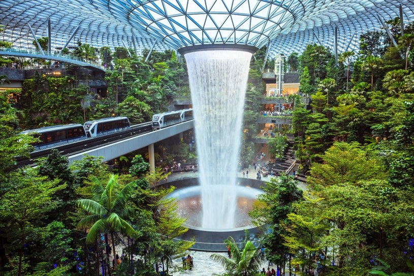 Najwyższy na świecie kryty wodospad nazwany wirem deszczowym, otoczony lasem tarasowym na lotnisku Changi w Singapurze /123RF/PICSEL