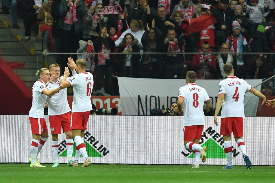 Napastnik reprezentacji Polski Karol Świderski cieszy się ze zdobycia bramki /Radek Pietruszka /PAP